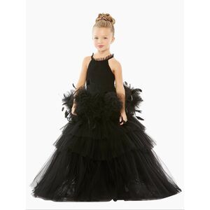 Mac Duggal Girls' High Neck Tulle Dress with Feather Little Kid US 2 $498